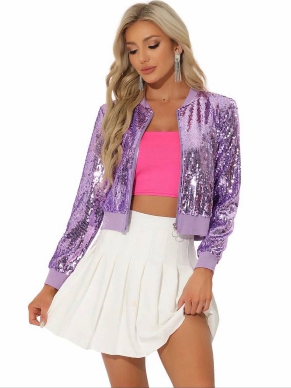 Purple Sequin Bomber Jacket - Women's Sparkle Coat